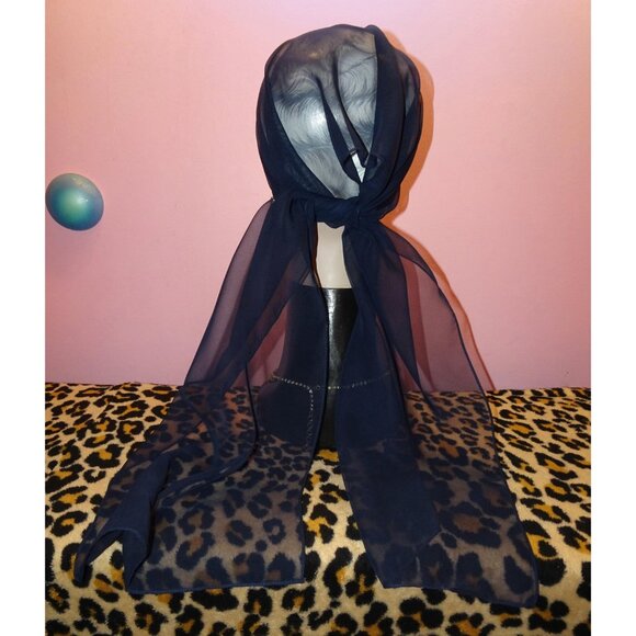 Vintage Dark Navy Blue Sheer Nylon Neck Scarf pinup retro rockabilly head wrap - Picture 9 of 15